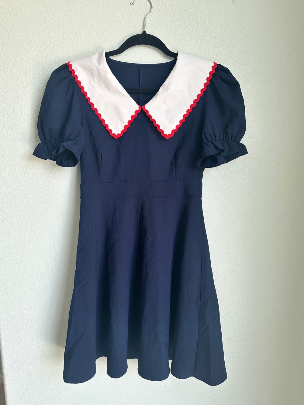 Ledin Navy Sailor Collar Dress Red Trim Puff Sleeve Vintage Inspired